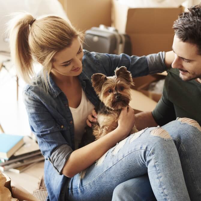 Image showing a couple and their dog surrounded by boxes