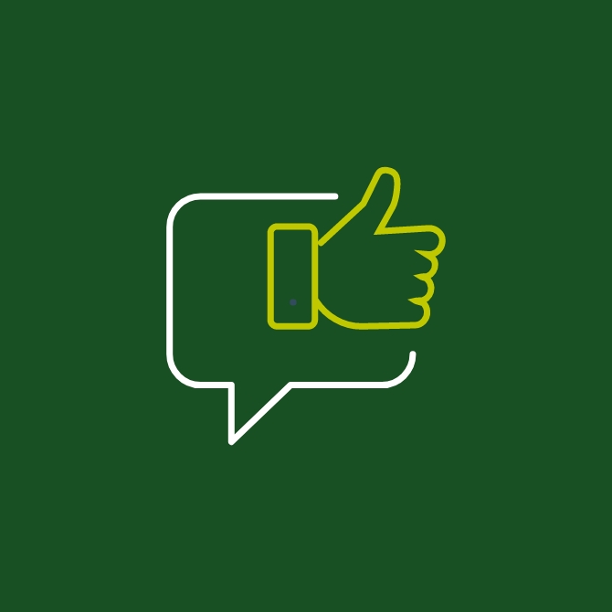 Graphic showing a speech bubble with a thumbs up